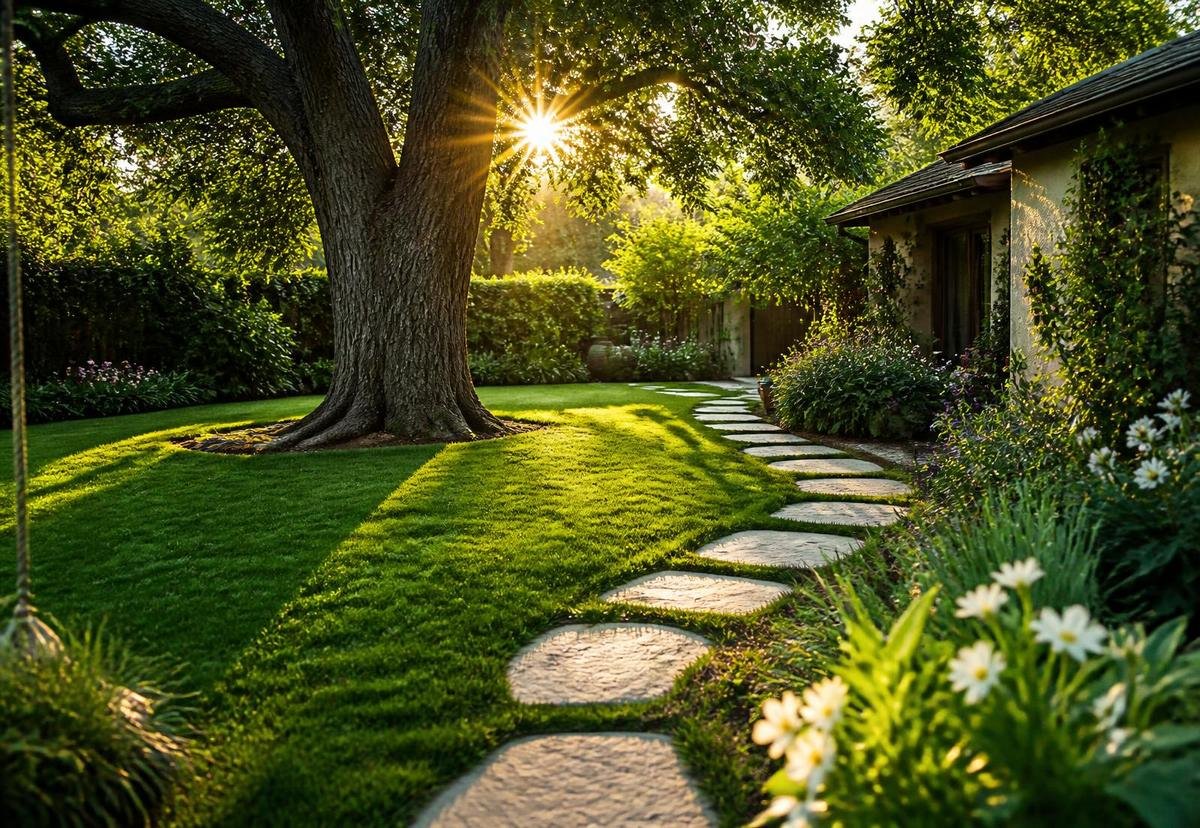 Un patio del East Bay con pasto recién cortado, un roble maduro y un camino de piedra — paisajismo de Ramirez Yards Gardening & Landscaping